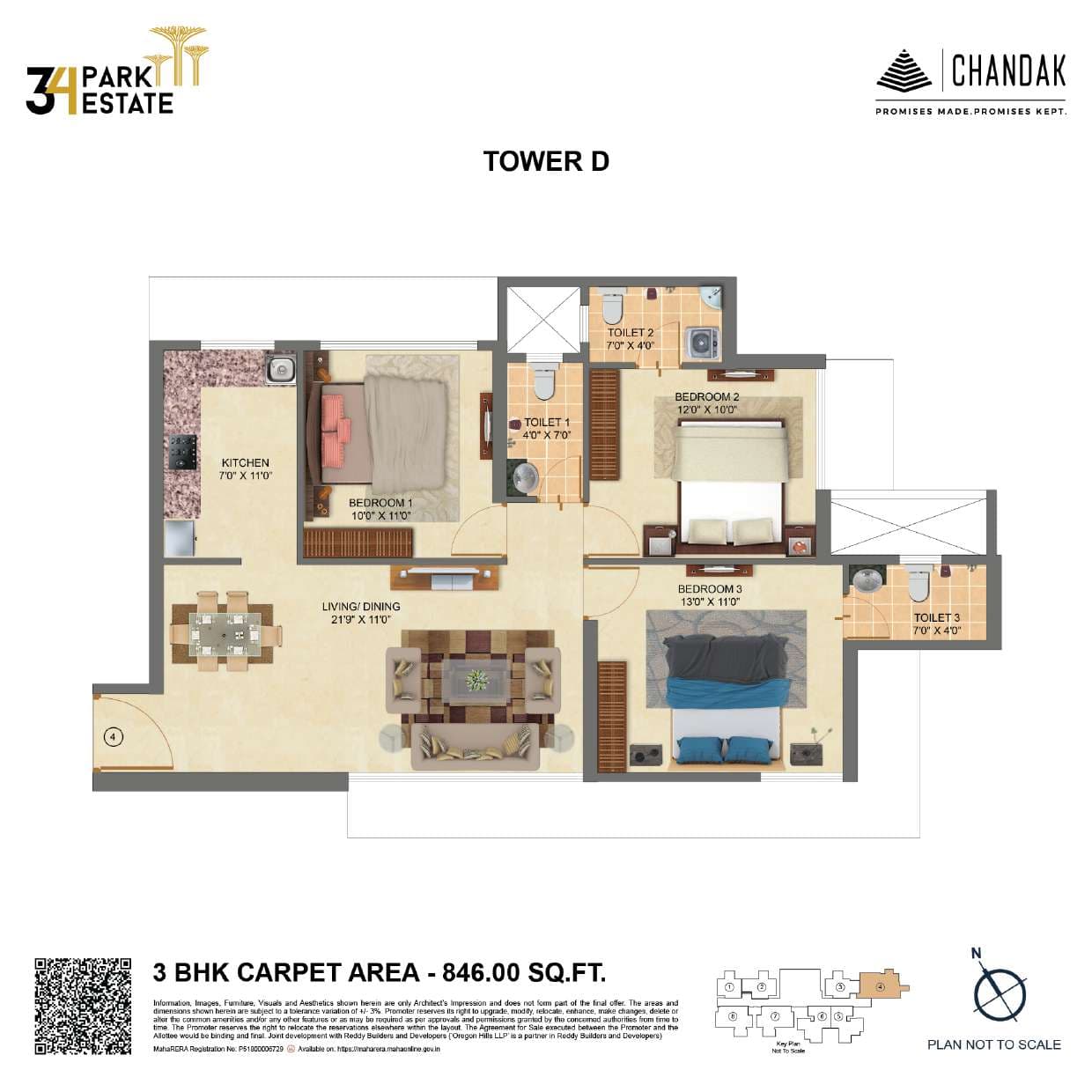 Floor plan – 3 BHK (Tower D)