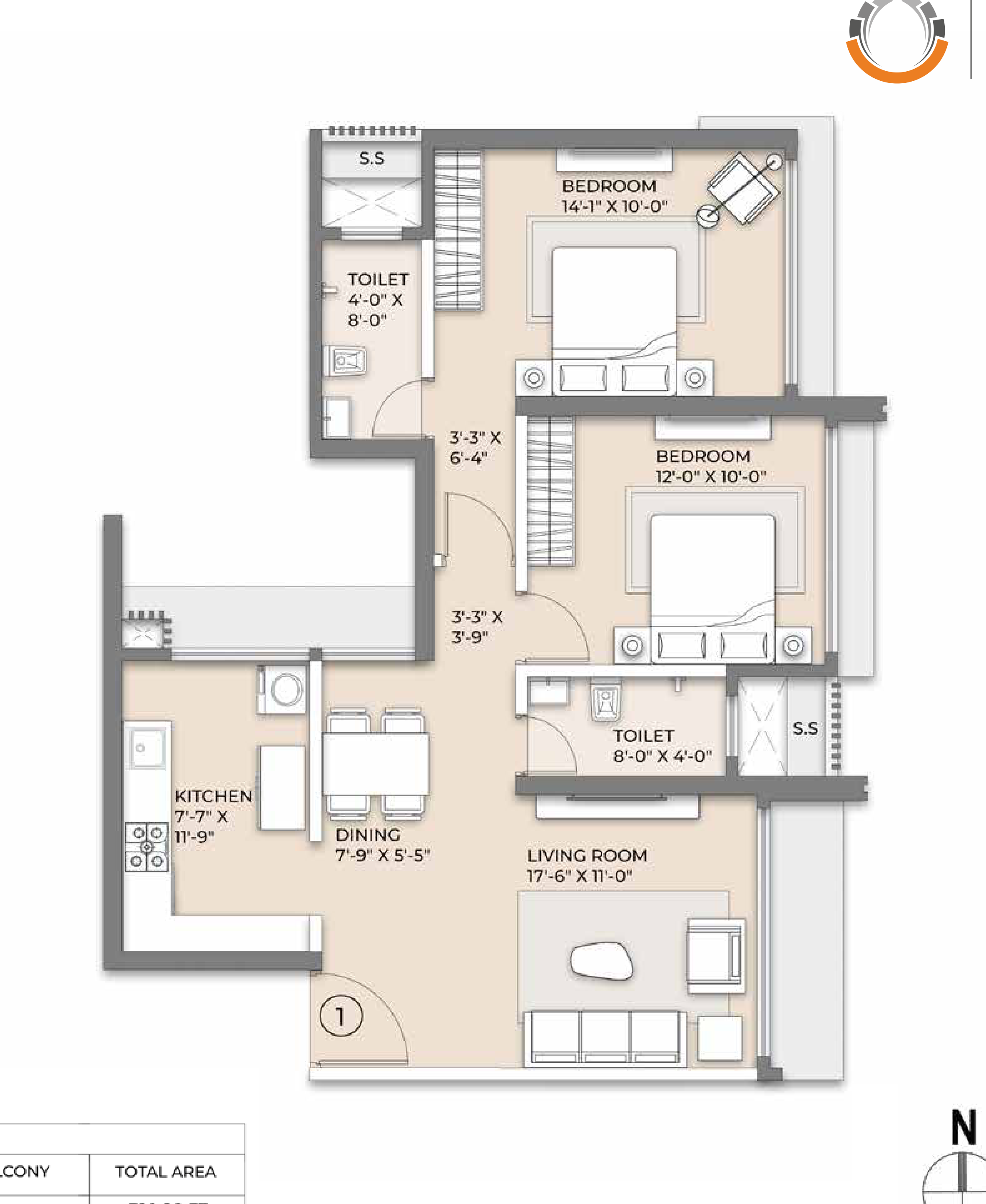 Floor plan – 2 BHK (720 SQ.FT)