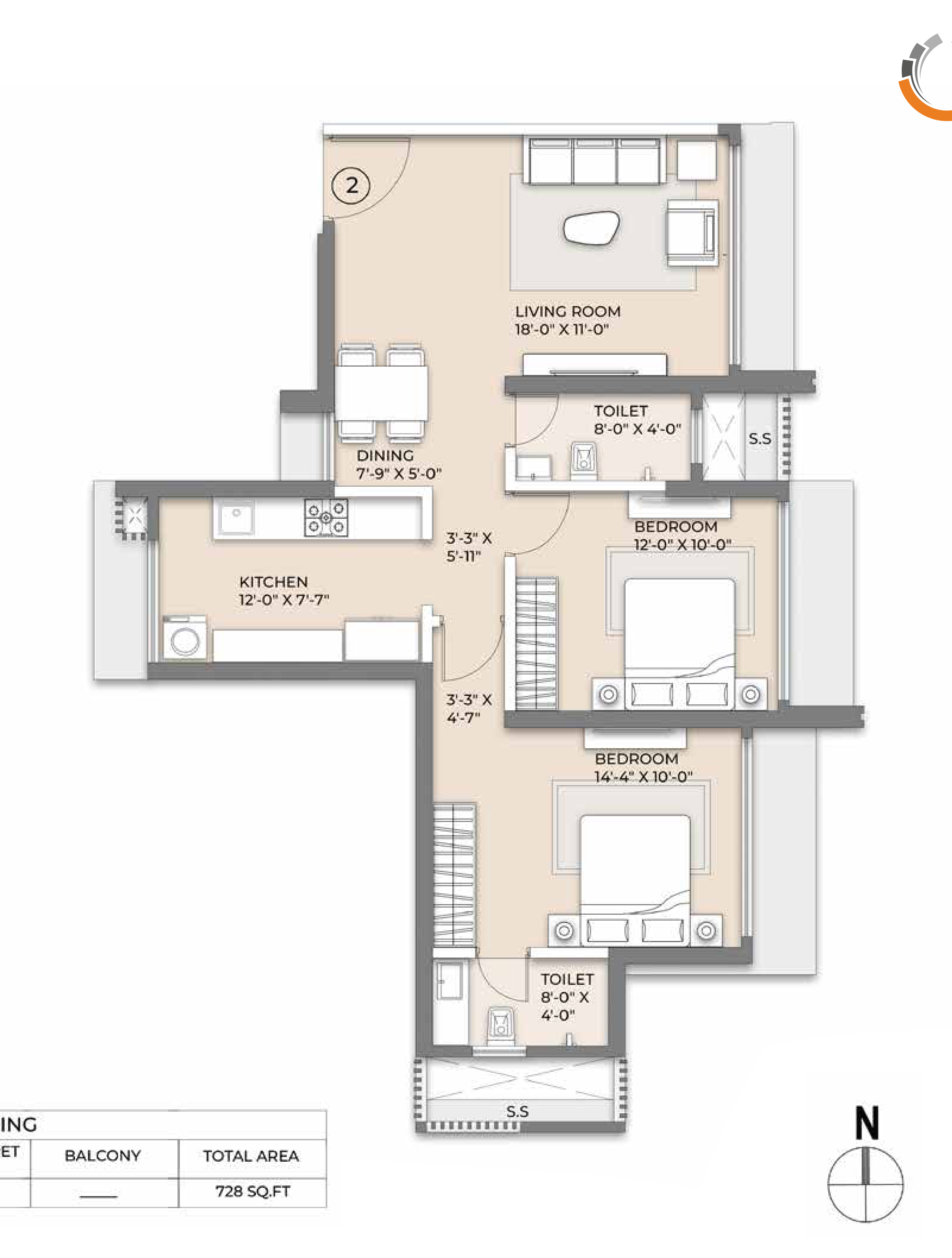 Floor plan – 2 BHK (728 SQ.FT)