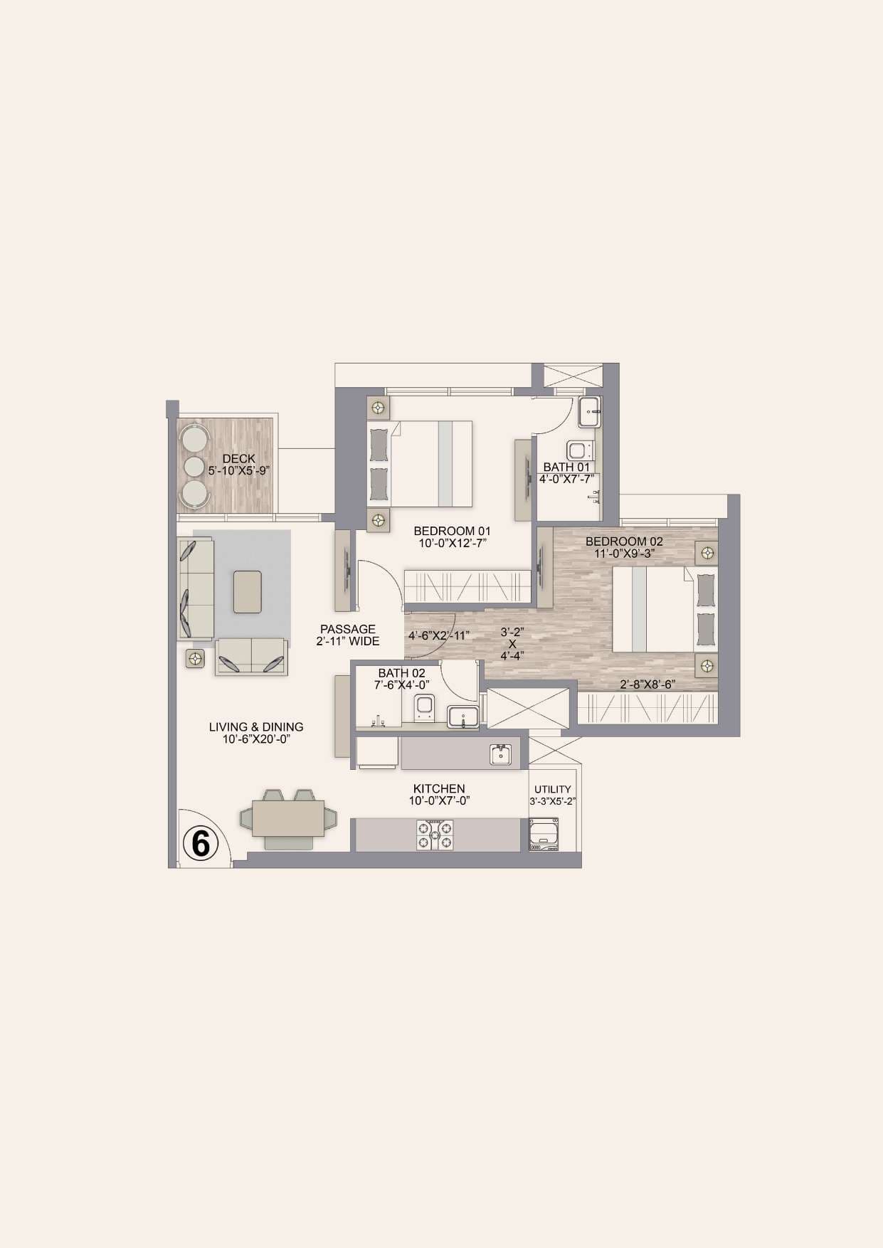 Floor plan – 2 BHK - 718 SQ.FT.