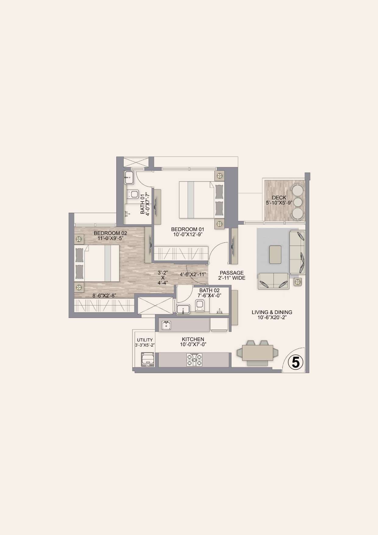 Floor plan – 2 BHK - 722 SQ.FT.