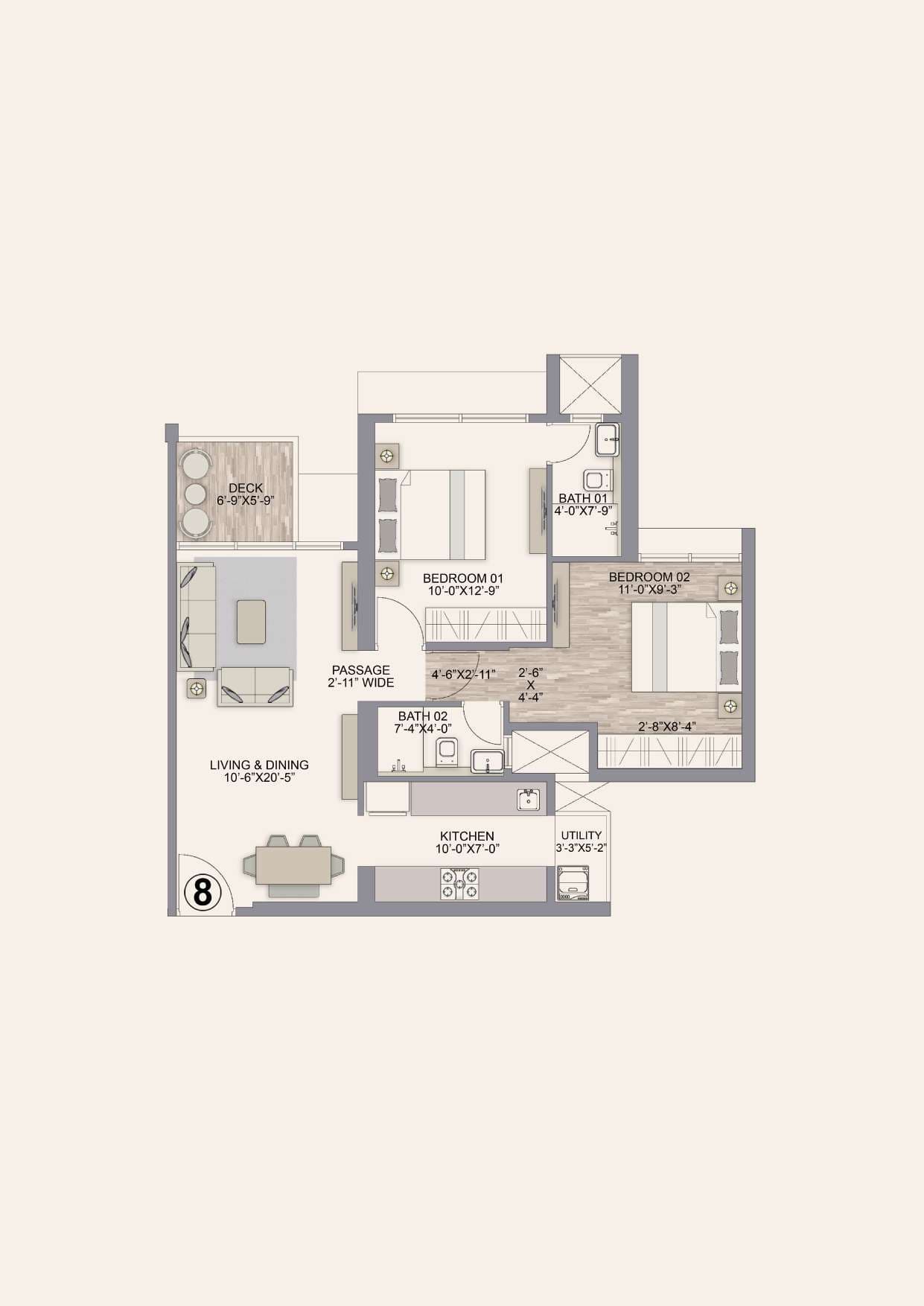 Floor plan – 2 BHK - 731 SQ.FT.