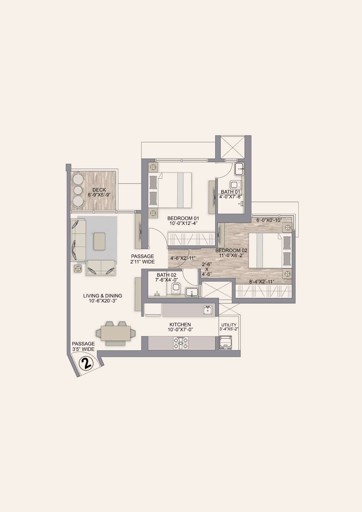 Floor plan – 2 BHK - 738 SQ.FT.