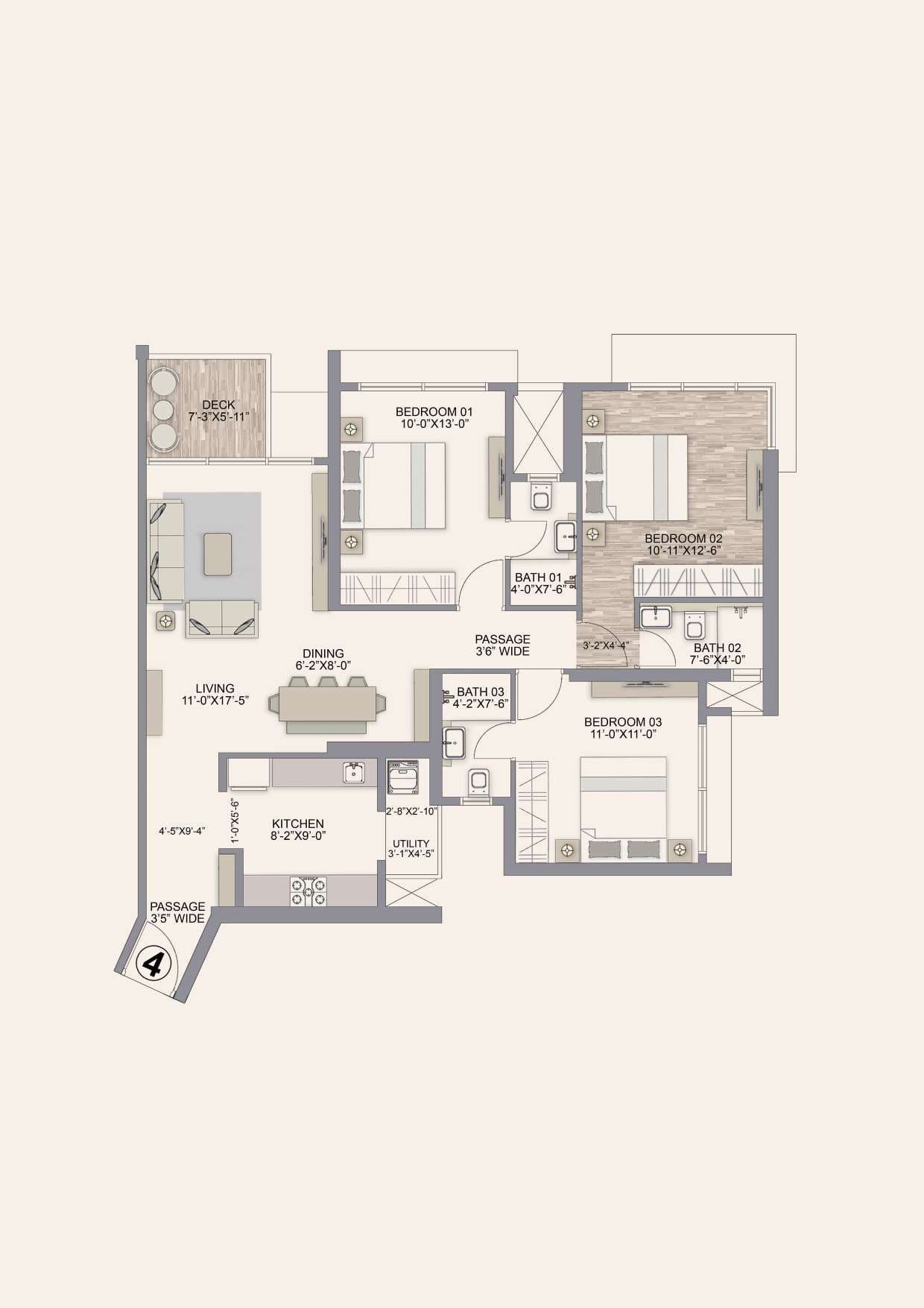 Floor plan – 3 BHK - 1029 SQ.FT.