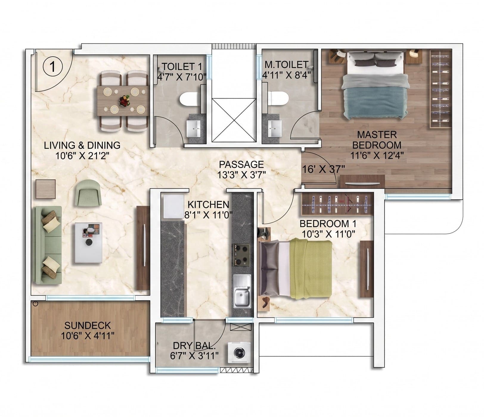 Floor plan – 2 BHK (828 sqft)