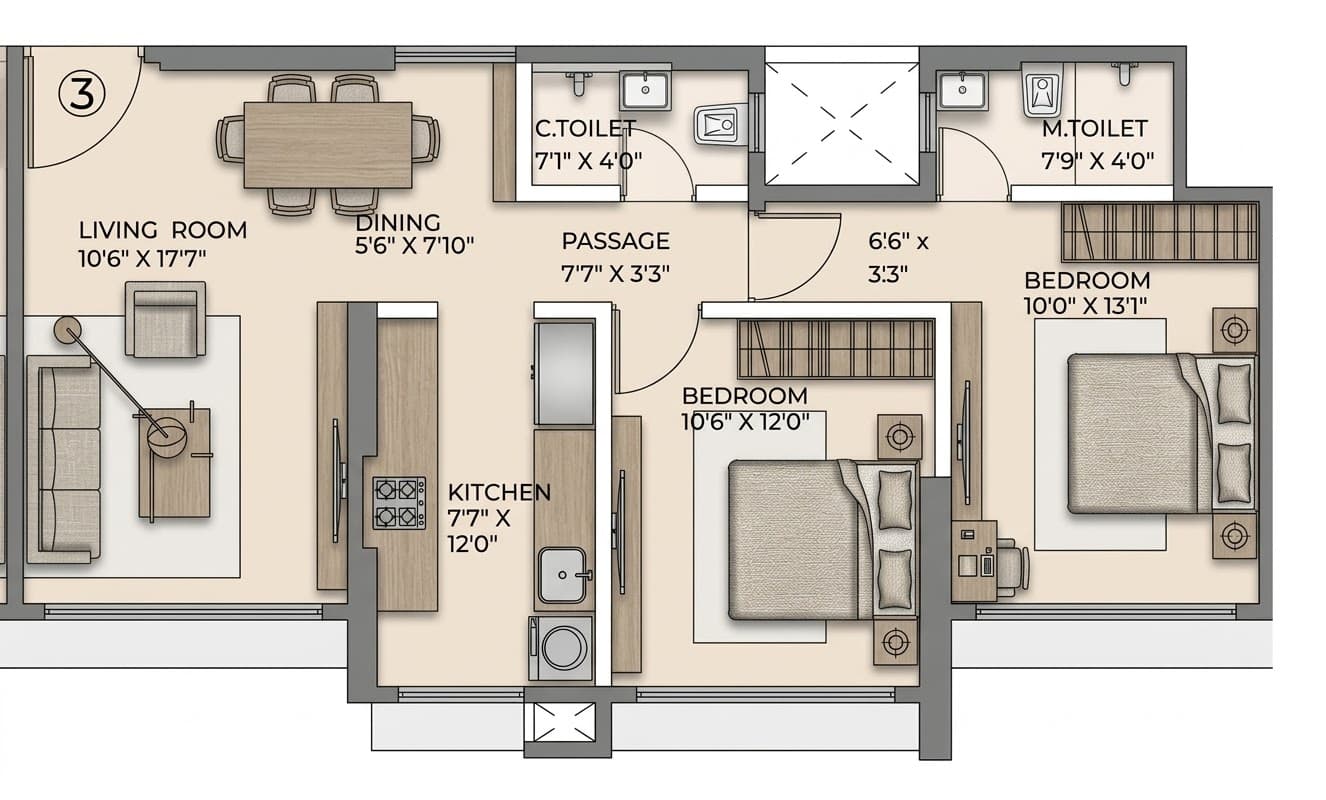 Floor plan – Wing A - 2 BHK - Unit 1