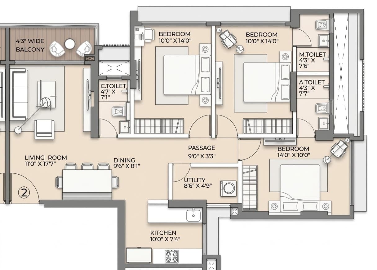 Floor plan – Wing B - 3 BHK - Unit 1