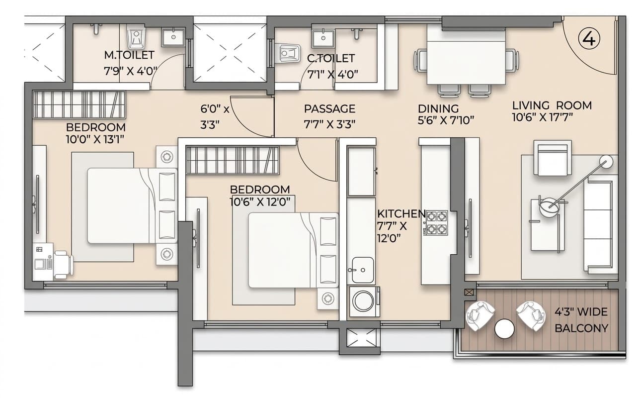 Floor plan – Wing B - 2 BHK - Unit 4