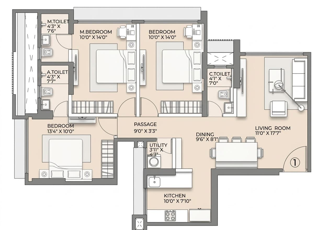 Floor plan – Wing A - 3 BHK - Unit 1